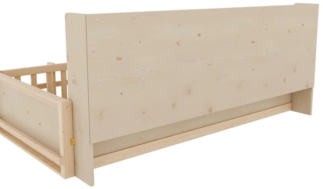 Alt view image 7 of 7 - Twin/Full Size Wooden Floor Bed with Guardrail Fence, Side Storage Shelves & Bookcase, Montessori Bed with Slat Support for Boys Girls Bedroom Guest Playroom, No Box Spring Needed (Twin+Natural)