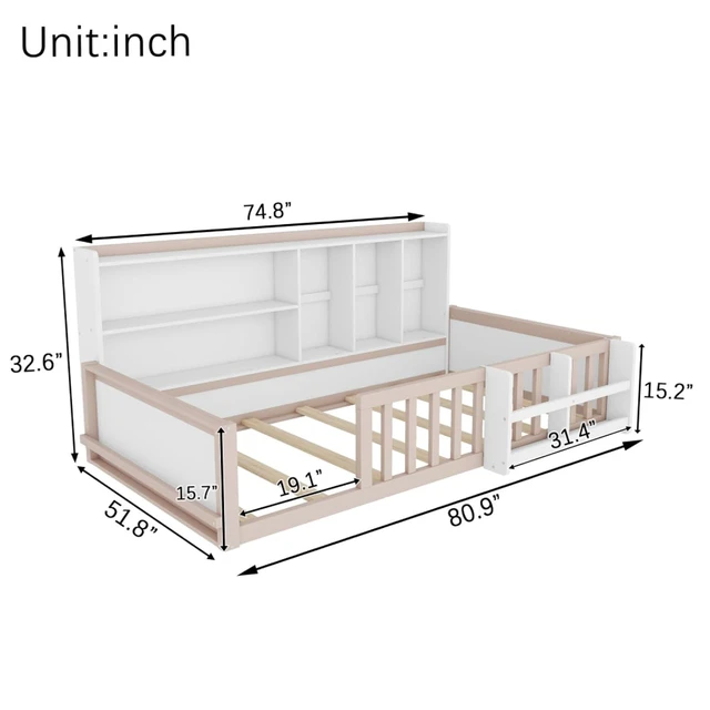 Alt view image 2 of 7 - Twin/Full Size Wooden Floor Bed with Guardrail Fence, Side Storage Shelves & Bookcase, Montessori Bed with Slat Support for Boys Girls Bedroom Guest Playroom, No Box Spring Needed (Twin+Nude & White)