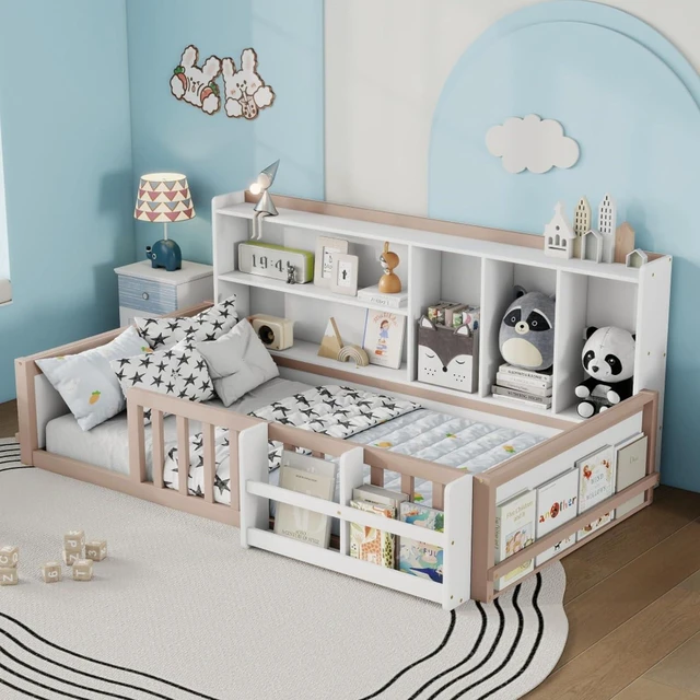 Main image of Twin/Full Size Wooden Floor Bed with Guardrail Fence, Side Storage Shelves & Bookcase, Montessori Bed with Slat Support for Boys Girls Bedroom Guest Playroom, No Box Spring Needed (Twin+Nude & White)