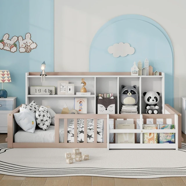 Alt view image 3 of 7 - Twin/Full Size Wooden Floor Bed with Guardrail Fence, Side Storage Shelves & Bookcase, Montessori Bed with Slat Support for Boys Girls Bedroom Guest Playroom, No Box Spring Needed (Twin+Nude & White)