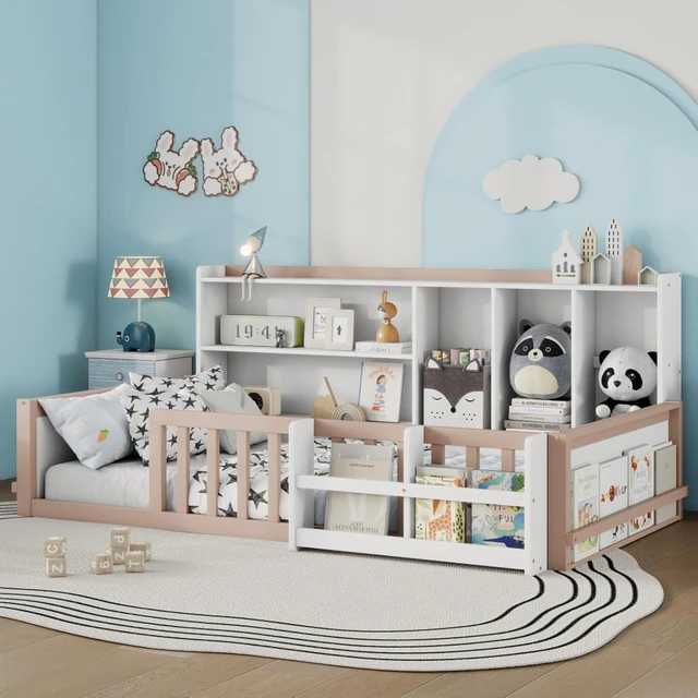 Alt view image 4 of 7 - Twin/Full Size Wooden Floor Bed with Guardrail Fence, Side Storage Shelves & Bookcase, Montessori Bed with Slat Support for Boys Girls Bedroom Guest Playroom, No Box Spring Needed (Twin+Nude & White)