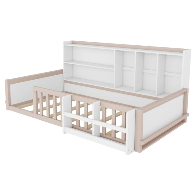 Alt view image 6 of 7 - Twin/Full Size Wooden Floor Bed with Guardrail Fence, Side Storage Shelves & Bookcase, Montessori Bed with Slat Support for Boys Girls Bedroom Guest Playroom, No Box Spring Needed (Twin+Nude & White)