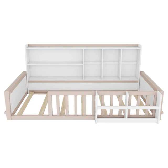 Alt view image 5 of 7 - Twin/Full Size Wooden Floor Bed with Guardrail Fence, Side Storage Shelves & Bookcase, Montessori Bed with Slat Support for Boys Girls Bedroom Guest Playroom, No Box Spring Needed (Twin+Nude & White)