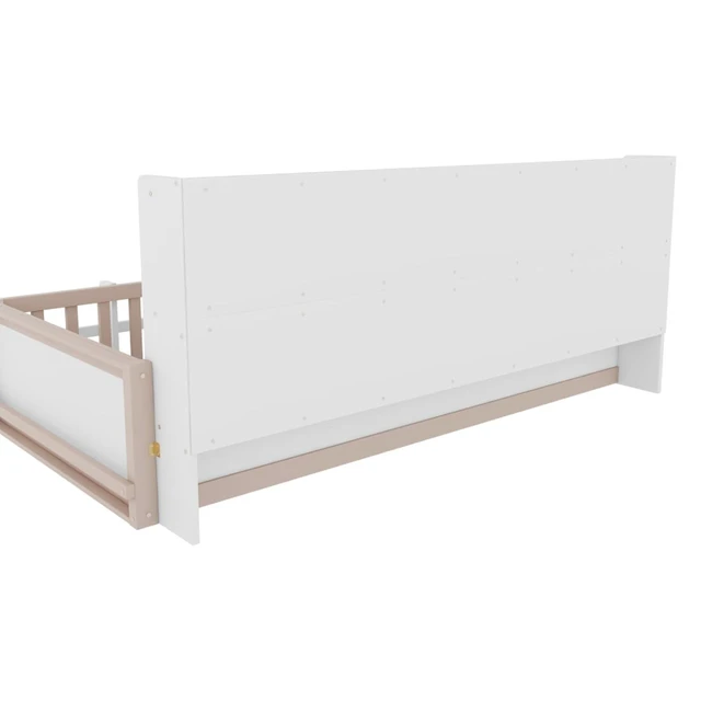 Alt view image 7 of 7 - Twin/Full Size Wooden Floor Bed with Guardrail Fence, Side Storage Shelves & Bookcase, Montessori Bed with Slat Support for Boys Girls Bedroom Guest Playroom, No Box Spring Needed (Twin+Nude & White)