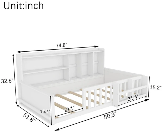 Alt view image 2 of 7 - Twin/Full Size Wooden Floor Bed with Guardrail Fence, Side Storage Shelves & Bookcase, Montessori Bed with Slat Support for Boys Girls Bedroom Guest Playroom, No Box Spring Needed (Twin+White)