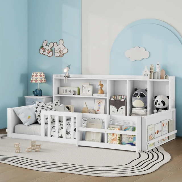 Alt view image 3 of 7 - Twin/Full Size Wooden Floor Bed with Guardrail Fence, Side Storage Shelves & Bookcase, Montessori Bed with Slat Support for Boys Girls Bedroom Guest Playroom, No Box Spring Needed (Twin+White)