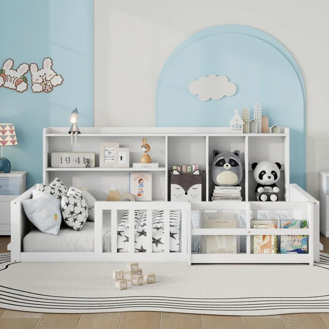 Alt view image 4 of 7 - Twin/Full Size Wooden Floor Bed with Guardrail Fence, Side Storage Shelves & Bookcase, Montessori Bed with Slat Support for Boys Girls Bedroom Guest Playroom, No Box Spring Needed (Twin+White)
