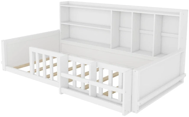 Alt view image 6 of 7 - Twin/Full Size Wooden Floor Bed with Guardrail Fence, Side Storage Shelves & Bookcase, Montessori Bed with Slat Support for Boys Girls Bedroom Guest Playroom, No Box Spring Needed (Twin+White)