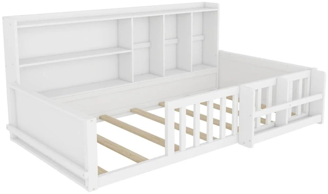 Alt view image 5 of 7 - Twin/Full Size Wooden Floor Bed with Guardrail Fence, Side Storage Shelves & Bookcase, Montessori Bed with Slat Support for Boys Girls Bedroom Guest Playroom, No Box Spring Needed (Twin+White)