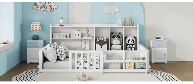 Alt view image 7 of 7 - Twin/Full Size Wooden Floor Bed with Guardrail Fence, Side Storage Shelves & Bookcase, Montessori Bed with Slat Support for Boys Girls Bedroom Guest Playroom, No Box Spring Needed (Twin+White)