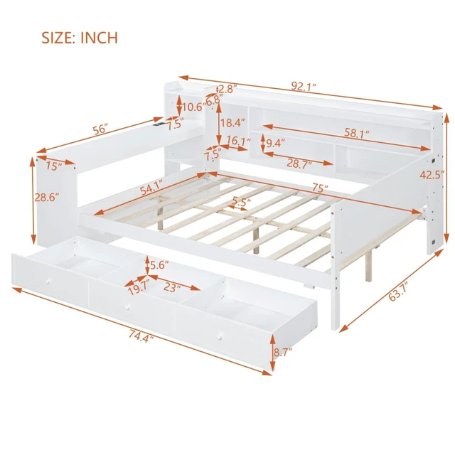 Alt view image 2 of 7 - Hassyee Full Size Wooden Daybed with 3 Storage Drawers, USB Ports and Desk, Sofa Bed with Bookcase and Slat Support, Captain's Beds for Teen Bedroom Guest Room Small Apartment Dorm