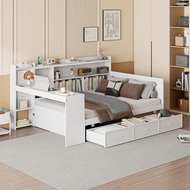 Main image of Hassyee Full Size Wooden Daybed with 3 Storage Drawers, USB Ports and Desk, Sofa Bed with Bookcase and Slat Support, Captain's Beds for Teen Bedroom Guest Room Small Apartment Dorm