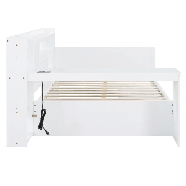 Alt view image 5 of 7 - Hassyee Full Size Wooden Daybed with 3 Storage Drawers, USB Ports and Desk, Sofa Bed with Bookcase and Slat Support, Captain's Beds for Teen Bedroom Guest Room Small Apartment Dorm
