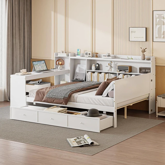 Alt view image 3 of 7 - Hassyee Full Size Wooden Daybed with 3 Storage Drawers, USB Ports and Desk, Sofa Bed with Bookcase and Slat Support, Captain's Beds for Teen Bedroom Guest Room Small Apartment Dorm
