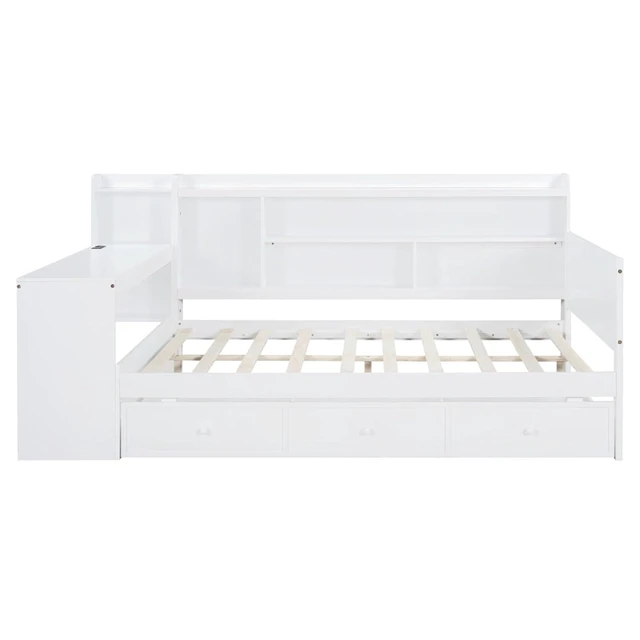 Alt view image 6 of 7 - Hassyee Full Size Wooden Daybed with 3 Storage Drawers, USB Ports and Desk, Sofa Bed with Bookcase and Slat Support, Captain's Beds for Teen Bedroom Guest Room Small Apartment Dorm