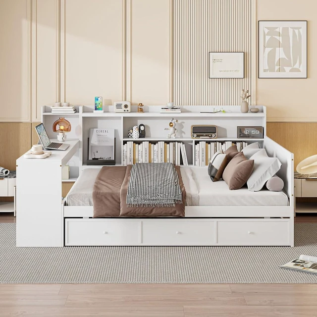 Alt view image 4 of 7 - Hassyee Full Size Wooden Daybed with 3 Storage Drawers, USB Ports and Desk, Sofa Bed with Bookcase and Slat Support, Captain's Beds for Teen Bedroom Guest Room Small Apartment Dorm