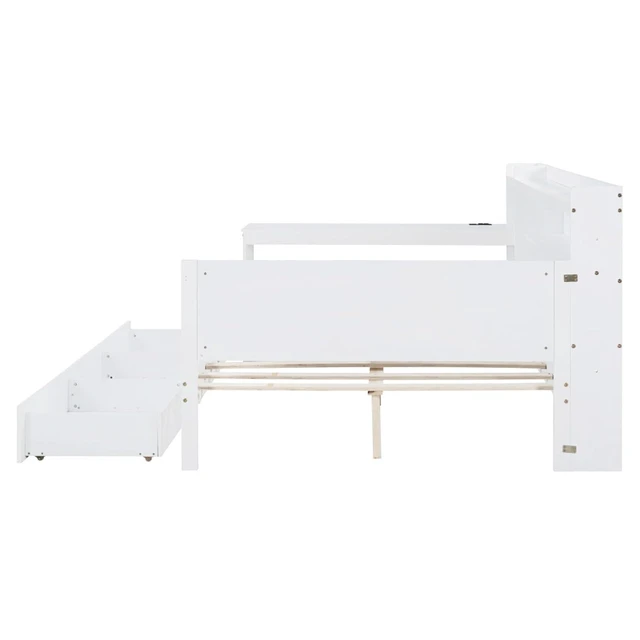 Alt view image 7 of 7 - Hassyee Full Size Wooden Daybed with 3 Storage Drawers, USB Ports and Desk, Sofa Bed with Bookcase and Slat Support, Captain's Beds for Teen Bedroom Guest Room Small Apartment Dorm