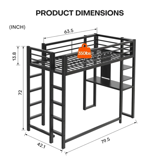 Alt view image 2 of 7 - Hassyee Twin Size Metal Loft Bed with Desk and Storage Compatible, Dorm Bed with Safety Guardrails and Ladder, Corner Beds with Slats Support for Boys Girls Teens Bedroom Guest Room