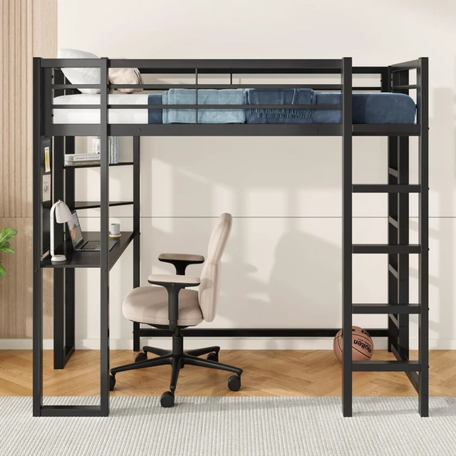 Alt view image 3 of 7 - Hassyee Twin Size Metal Loft Bed with Desk and Storage Compatible, Dorm Bed with Safety Guardrails and Ladder, Corner Beds with Slats Support for Boys Girls Teens Bedroom Guest Room