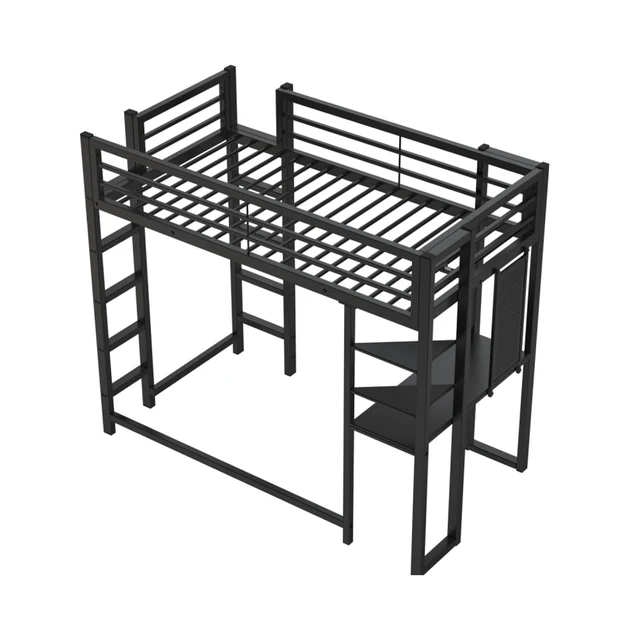 Alt view image 7 of 7 - Hassyee Twin Size Metal Loft Bed with Desk and Storage Compatible, Dorm Bed with Safety Guardrails and Ladder, Corner Beds with Slats Support for Boys Girls Teens Bedroom Guest Room