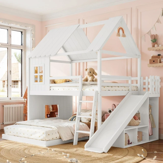 Main image of Hassyee Wooden House Bunk Bed with Roof, Ladders, Safety Guardrails and Slides, Two-Tier Cabin Loft Bunk Bed with Storage Shelves and Wardrobe for Boys Girls Bedroom Playroom (White Full Over Full)