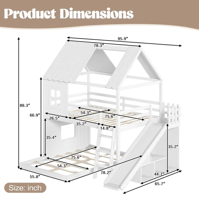 Alt view image 2 of 7 - Hassyee Wooden House Bunk Bed with Roof, Ladders, Safety Guardrails and Slides, Two-Tier Cabin Loft Bunk Bed with Storage Shelves and Wardrobe for Boys Girls Bedroom Playroom (White Full Over Full)