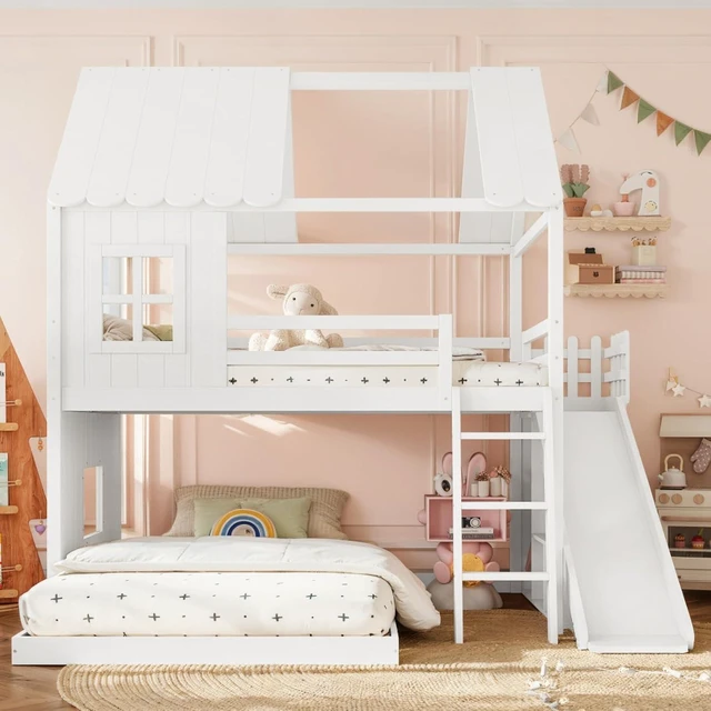 Alt view image 3 of 7 - Hassyee Wooden House Bunk Bed with Roof, Ladders, Safety Guardrails and Slides, Two-Tier Cabin Loft Bunk Bed with Storage Shelves and Wardrobe for Boys Girls Bedroom Playroom (White Full Over Full)