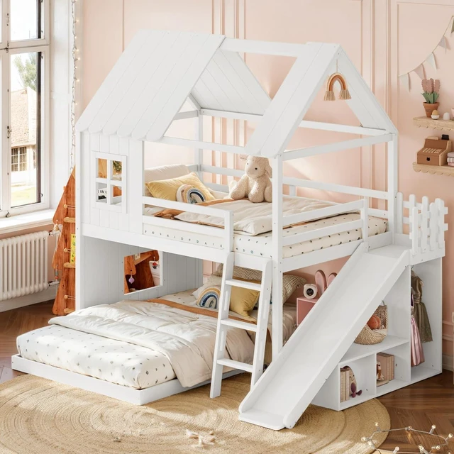 Alt view image 4 of 7 - Hassyee Wooden House Bunk Bed with Roof, Ladders, Safety Guardrails and Slides, Two-Tier Cabin Loft Bunk Bed with Storage Shelves and Wardrobe for Boys Girls Bedroom Playroom (White Full Over Full)