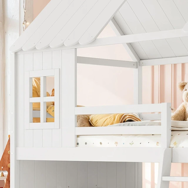 Alt view image 5 of 7 - Hassyee Wooden House Bunk Bed with Roof, Ladders, Safety Guardrails and Slides, Two-Tier Cabin Loft Bunk Bed with Storage Shelves and Wardrobe for Boys Girls Bedroom Playroom (White Full Over Full)