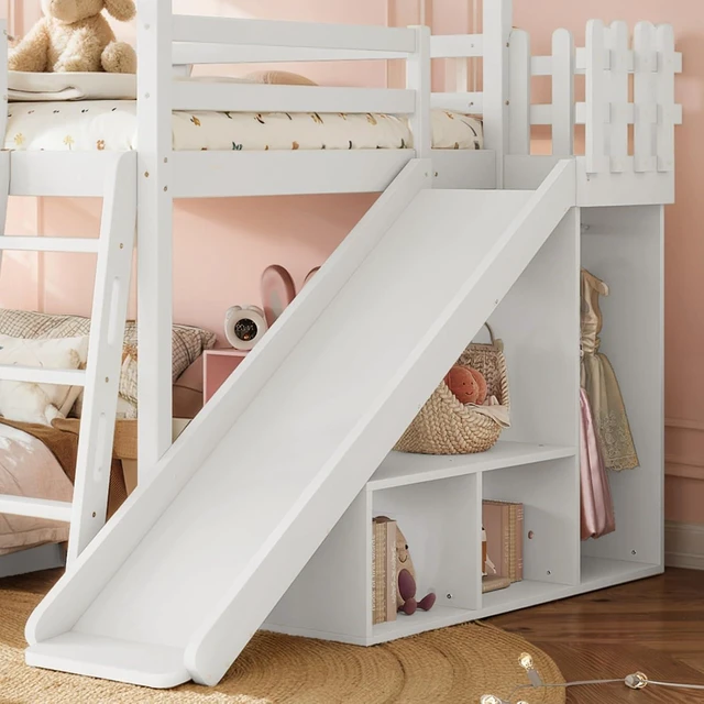 Alt view image 6 of 7 - Hassyee Wooden House Bunk Bed with Roof, Ladders, Safety Guardrails and Slides, Two-Tier Cabin Loft Bunk Bed with Storage Shelves and Wardrobe for Boys Girls Bedroom Playroom (White Full Over Full)