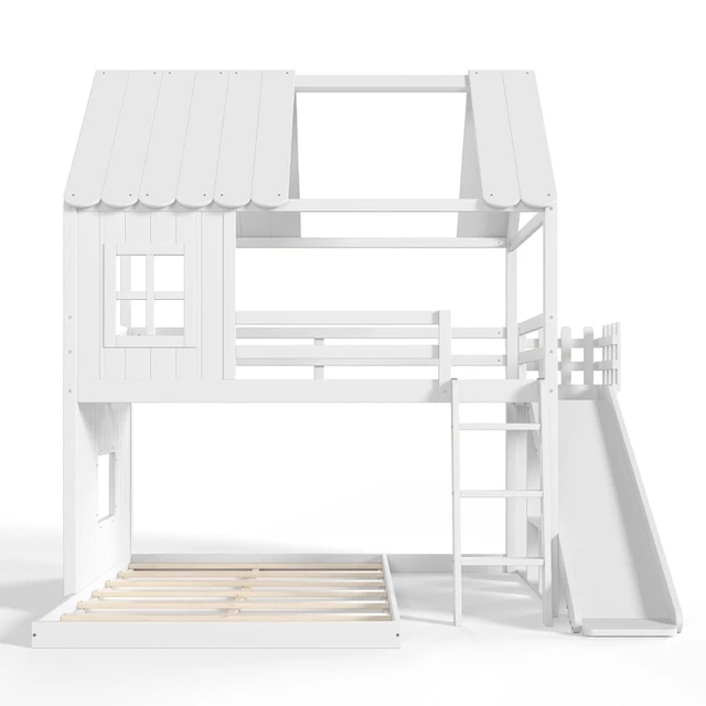 Alt view image 7 of 7 - Hassyee Wooden House Bunk Bed with Roof, Ladders, Safety Guardrails and Slides, Two-Tier Cabin Loft Bunk Bed with Storage Shelves and Wardrobe for Boys Girls Bedroom Playroom (White Full Over Full)