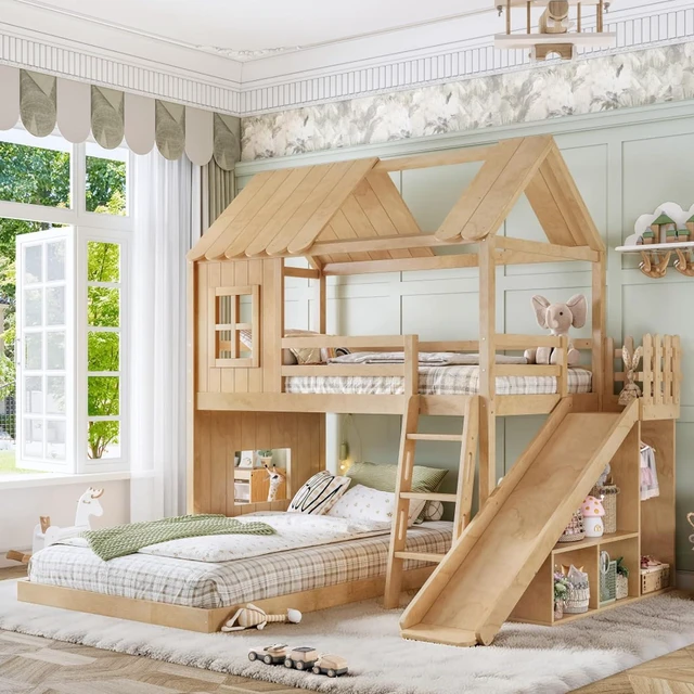 Main image of Hassyee Wooden House Bunk Bed with Roof, Ladders, Safety Guardrails and Slides, Two-Tier Cabin Loft Bunk Bed with Storage Shelves and Wardrobe for Boys Girls Bedroom Playroom (Natural Twin Over Full)