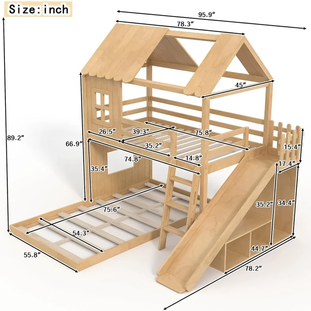 Alt view image 2 of 7 - Hassyee Wooden House Bunk Bed with Roof, Ladders, Safety Guardrails and Slides, Two-Tier Cabin Loft Bunk Bed with Storage Shelves and Wardrobe for Boys Girls Bedroom Playroom (Natural Twin Over Full)