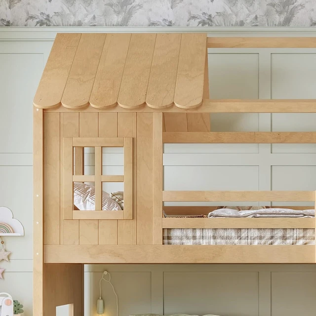 Alt view image 5 of 7 - Hassyee Wooden House Bunk Bed with Roof, Ladders, Safety Guardrails and Slides, Two-Tier Cabin Loft Bunk Bed with Storage Shelves and Wardrobe for Boys Girls Bedroom Playroom (Natural Twin Over Full)