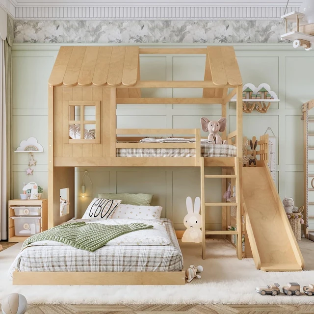Alt view image 4 of 7 - Hassyee Wooden House Bunk Bed with Roof, Ladders, Safety Guardrails and Slides, Two-Tier Cabin Loft Bunk Bed with Storage Shelves and Wardrobe for Boys Girls Bedroom Playroom (Natural Twin Over Full)
