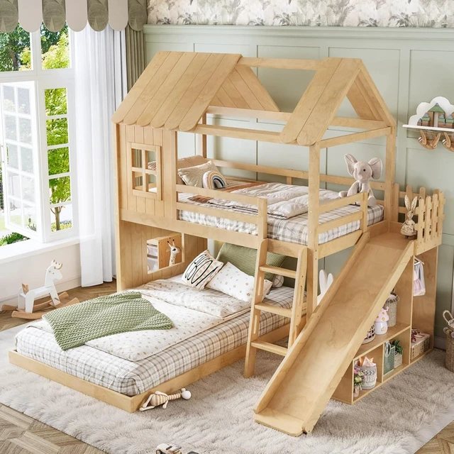 Alt view image 3 of 7 - Hassyee Wooden House Bunk Bed with Roof, Ladders, Safety Guardrails and Slides, Two-Tier Cabin Loft Bunk Bed with Storage Shelves and Wardrobe for Boys Girls Bedroom Playroom (Natural Twin Over Full)