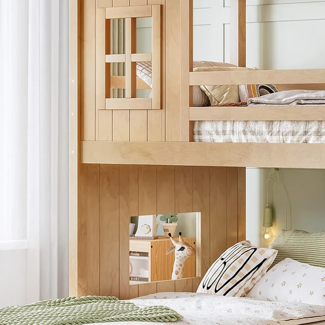 Alt view image 6 of 7 - Hassyee Wooden House Bunk Bed with Roof, Ladders, Safety Guardrails and Slides, Two-Tier Cabin Loft Bunk Bed with Storage Shelves and Wardrobe for Boys Girls Bedroom Playroom (Natural Twin Over Full)