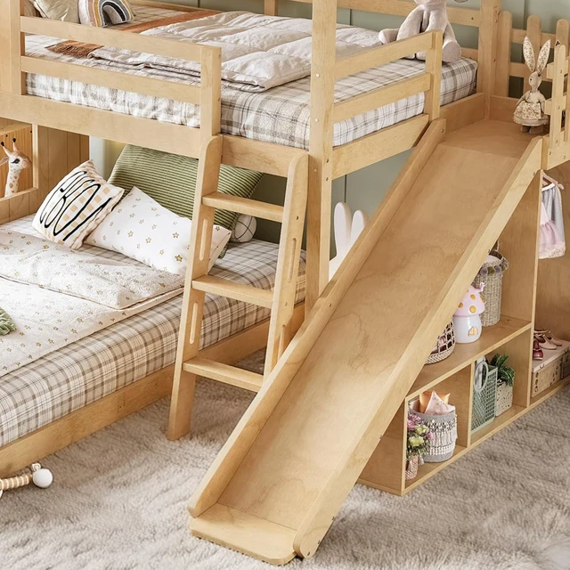Alt view image 7 of 7 - Hassyee Wooden House Bunk Bed with Roof, Ladders, Safety Guardrails and Slides, Two-Tier Cabin Loft Bunk Bed with Storage Shelves and Wardrobe for Boys Girls Bedroom Playroom (Natural Twin Over Full)