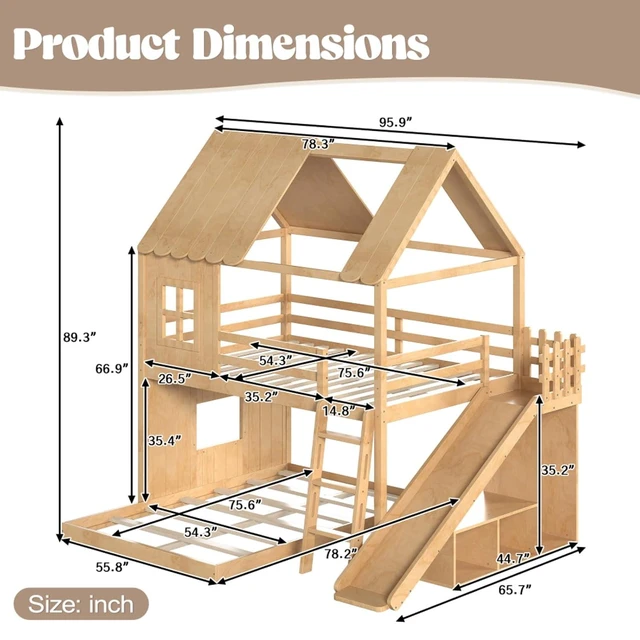 Alt view image 2 of 7 - Hassyee Wooden House Bunk Bed with Roof, Ladders, Safety Guardrails and Slides, Two-Tier Cabin Loft Bunk Bed with Storage Shelves and Wardrobe for Boys Girls Bedroom Playroom (Natural Full Over Full)