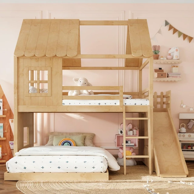 Alt view image 3 of 7 - Hassyee Wooden House Bunk Bed with Roof, Ladders, Safety Guardrails and Slides, Two-Tier Cabin Loft Bunk Bed with Storage Shelves and Wardrobe for Boys Girls Bedroom Playroom (Natural Full Over Full)