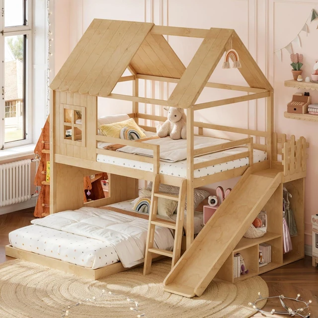 Alt view image 4 of 7 - Hassyee Wooden House Bunk Bed with Roof, Ladders, Safety Guardrails and Slides, Two-Tier Cabin Loft Bunk Bed with Storage Shelves and Wardrobe for Boys Girls Bedroom Playroom (Natural Full Over Full)