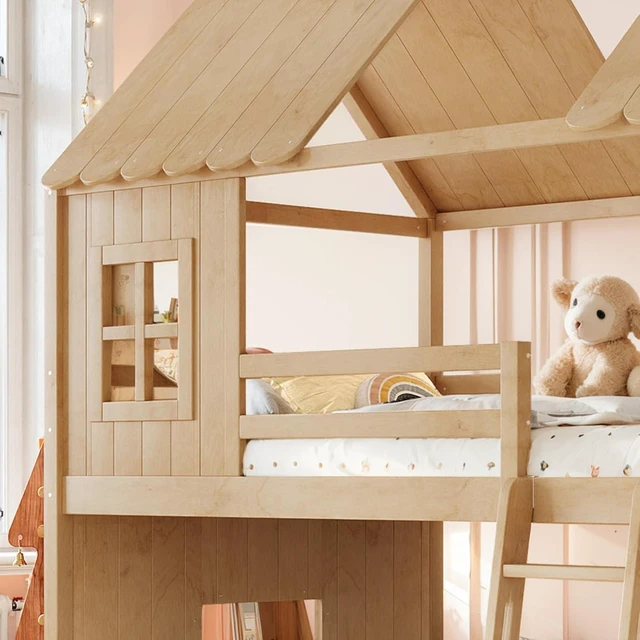 Alt view image 5 of 7 - Hassyee Wooden House Bunk Bed with Roof, Ladders, Safety Guardrails and Slides, Two-Tier Cabin Loft Bunk Bed with Storage Shelves and Wardrobe for Boys Girls Bedroom Playroom (Natural Full Over Full)
