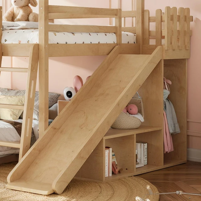Alt view image 6 of 7 - Hassyee Wooden House Bunk Bed with Roof, Ladders, Safety Guardrails and Slides, Two-Tier Cabin Loft Bunk Bed with Storage Shelves and Wardrobe for Boys Girls Bedroom Playroom (Natural Full Over Full)