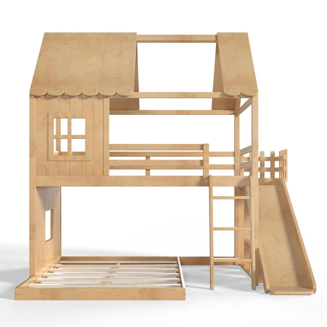 Alt view image 7 of 7 - Hassyee Wooden House Bunk Bed with Roof, Ladders, Safety Guardrails and Slides, Two-Tier Cabin Loft Bunk Bed with Storage Shelves and Wardrobe for Boys Girls Bedroom Playroom (Natural Full Over Full)