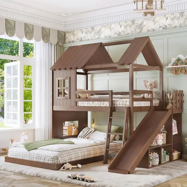 Main image of Wooden House Bunk Bed with Roof, Ladders, Safety Guardrails and Slides, Two-Tier Cabin Loft Bunk Bed with Storage Shelves and Wardrobe for Boys Girls Bedroom Playroom (Antique Natural Twin over Full)