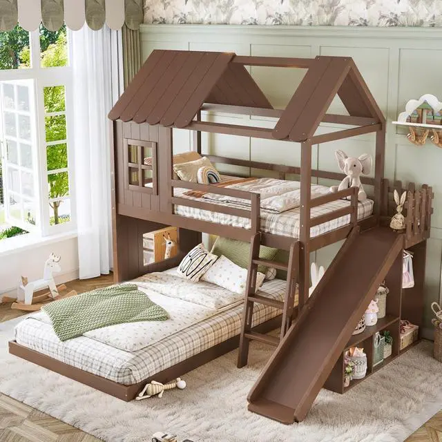 Alt view image 3 of 7 - Wooden House Bunk Bed with Roof, Ladders, Safety Guardrails and Slides, Two-Tier Cabin Loft Bunk Bed with Storage Shelves and Wardrobe for Boys Girls Bedroom Playroom (Antique Natural Twin over Full)