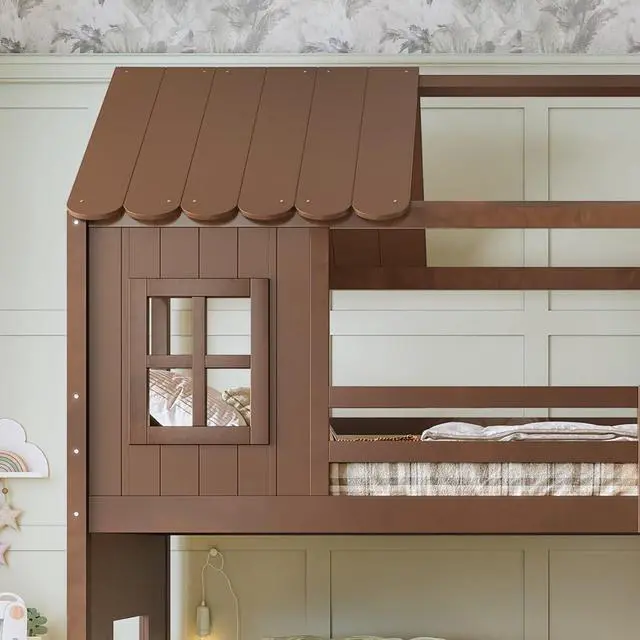Alt view image 5 of 7 - Wooden House Bunk Bed with Roof, Ladders, Safety Guardrails and Slides, Two-Tier Cabin Loft Bunk Bed with Storage Shelves and Wardrobe for Boys Girls Bedroom Playroom (Antique Natural Twin over Full)