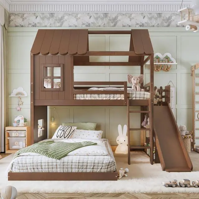 Alt view image 4 of 7 - Wooden House Bunk Bed with Roof, Ladders, Safety Guardrails and Slides, Two-Tier Cabin Loft Bunk Bed with Storage Shelves and Wardrobe for Boys Girls Bedroom Playroom (Antique Natural Twin over Full)