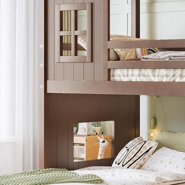 Alt view image 6 of 7 - Wooden House Bunk Bed with Roof, Ladders, Safety Guardrails and Slides, Two-Tier Cabin Loft Bunk Bed with Storage Shelves and Wardrobe for Boys Girls Bedroom Playroom (Antique Natural Twin over Full)