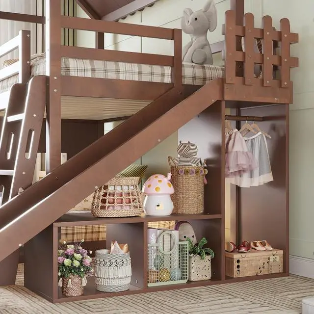 Alt view image 7 of 7 - Wooden House Bunk Bed with Roof, Ladders, Safety Guardrails and Slides, Two-Tier Cabin Loft Bunk Bed with Storage Shelves and Wardrobe for Boys Girls Bedroom Playroom (Antique Natural Twin over Full)
